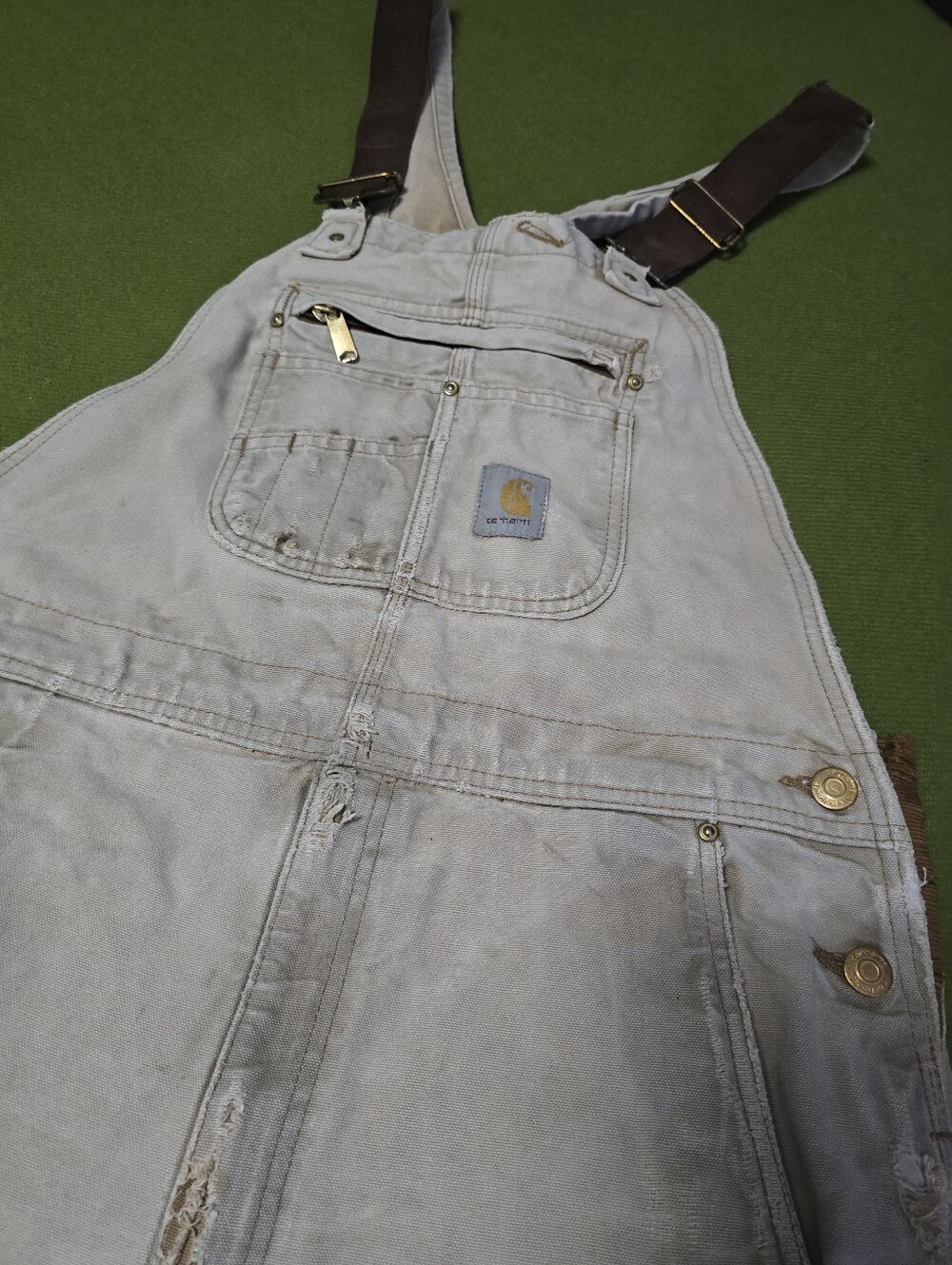 Distressed Carhartt Denim Bib Overalls with Dark Brown Straps - Picture 2 of 6